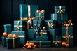 mountain of gift boxes, on the floor, lined in blue, with large gold and blue ribbon bows, with golden spheres lying on the floor, in a room with blue walls, IA generative