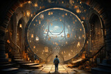 Fototapeta  - A small boy enters a large wizarding school where pages of magic sheets fly around. digital Ai