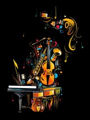 Wall Mural - Abstract image of musical instruments on a black background. International Music Day Poster. 