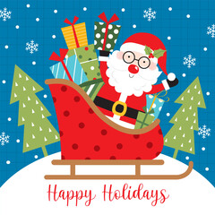 Sticker - santa claus with christmas gift on his sleigh greeting card design