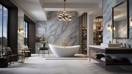 Wall Mural - A luxurious spa-style bathroom with a freestanding bathtub, rain shower, and marble accents