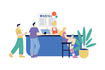 Poster - Man Character Standing at Fast Food Restaurant Counter Order Food Vector Illustration