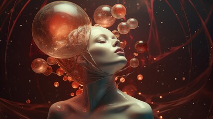 Surreal art concept on the topic: Astrology and natal chart calculations. Woman with planets, esoteric mystical abstract magic.