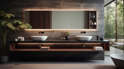 Wall Mural - A contemporary bathroom with a floating vanity, vessel sinks, and backlit mirrors