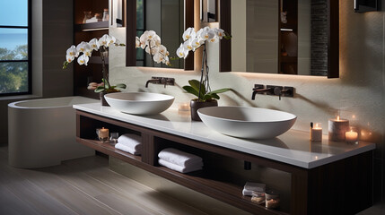 Wall Mural - A contemporary bathroom with a floating vanity, vessel sinks, and backlit mirrors