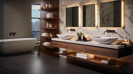 Wall Mural - A contemporary bathroom with a floating vanity, vessel sinks, and backlit mirrors