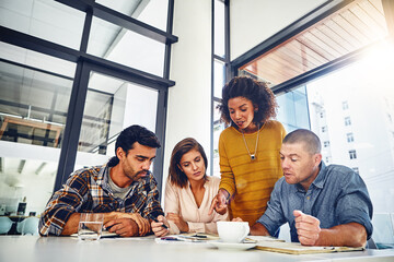 Aufkleber - Meeting, review and market research paperwork with data, graphs or talking with kpi information in analysis. Stats, analytics or people planning a marketing strategy with global report or documents