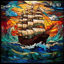 Stained Glass Window Of A Tall Ship Sailing On The Ocean.