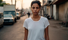 Serious Indian Woman In Plain T-shirt, Standing In The Street At Evening
