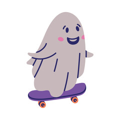 Sticker - Cute Ghost Character as Flying Poltergeist Creature Ride Skateboard Vector Illustration