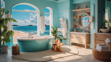 Wall Mural - A bathroom with a coastal theme, featuring aqua-blue tiles, seashell decor, and a beachfront view