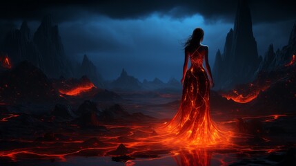 Wall Mural - girl in a blue dress in the lava background