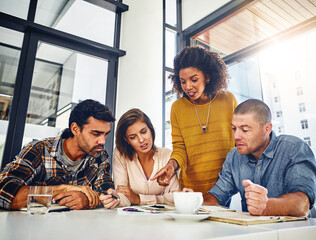 Poster - Teamwork, review and meeting with market research, data talking with documents or analysis of kpi information. Stats, report and people discuss analytics in planning a marketing strategy or project