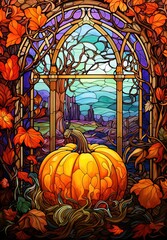 Stain glass window with an autumn design featuring a pumpkin and autumn leaves.