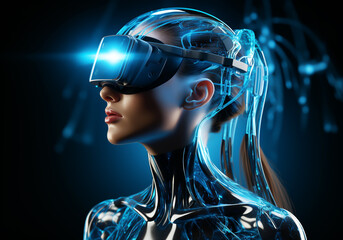 Woman with digital glasses in digital abstract world technology. AI generative