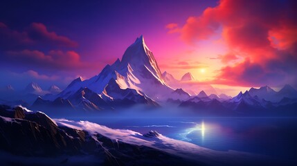 Wall Mural - Realistic landscapes - Alpine mountains and northern lights: “HD landscape - snowy mountain peak, clear sky, sunset colors