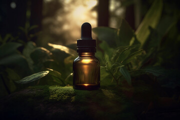 Wall Mural - Bottle of Essential Cosmetic Oil with Dropper Set Against a Blurred Background of Wood and Moss. Concept of Natural Aromatherapy and Beauty. Selective Focus. Generative Ai.