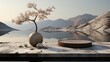 A majestic tree stands tall within a round ball on a table, surrounded by the vastness of the outdoors as the sky and water merge in the distance, with a mountainous landscape framing a serene lake