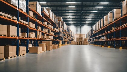 Logistics and transportation blurred background in a retail warehouse. Full of goods in cartons, pallets, and forklifts. Product distribution center