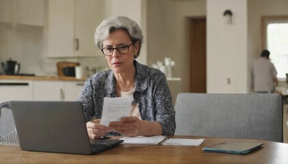 Poster - Pension payment planning - pensive older woman with laptop and document, reading bill, paying online at home, managing bank finances, calculating taxes, loan debt