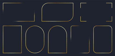 Leinwandbilder - Golden frames set. Gold frame angles and border elements. Luxury geometric borders on dark blue background. Rectangle, oval and transparent corners shapes. Vector illustration.