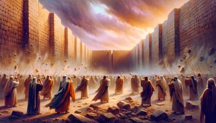 Poster - The Battle of Jericho. The walls of Jericho collapsing as the Israelites march around them. Vector illustration