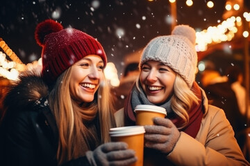 Wall Mural - Two beautiful female friends having god time on traditional Christmas market, drinking hot beverages on winter evening