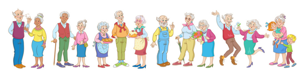 Sticker - Group of happy elderly people. Men and women of different nationalities. Various poses, attitudes and emotions. In cartoon style. Isolated on white background. Vector illustration