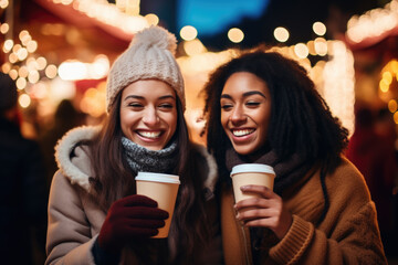 Wall Mural - Two beautiful mix race female friends having god time on traditional Christmas market, drinking hot beverages on winter evening