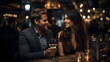 Amor en cada detalle: Cena romántica para dos restaurante pareja brindando con champaña y luces brillantes