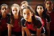 Group of young athletes in red and black sportswear, focused and ready for competition. Team sports and determination.
