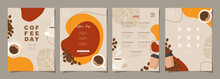 Set Of Sketch Banners With Coffee Beans And Leaves On Minimal Background For Invitations, Cards, Banner, Poster, Cover, Cafe Menu Or Another Template Design. Vector Illustration.