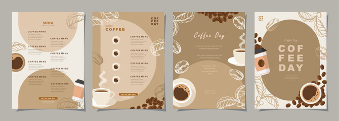 Set of sketch banners with coffee beans and leaves on colorful background for poster, cover, menu or another template design. vector illustration.