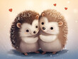 © Stock Love - Romantic hedgehogs in love. Illustration of two lovely hedgehogs hugging on light background. Hugging animals. Love banner. Notebook or diary cover or postcard template. National hug day concept