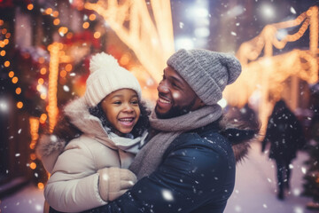 Wall Mural - African american father and child having god time on traditional Christmas market on winter evening in town decorated with lights