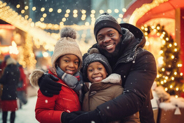 Wall Mural - African american father and children having god time on traditional Christmas market on winter evening in town decorated with lights