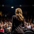 Business woman from behind speaking from a stage to an auditorium