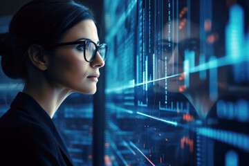 Portrait of female expert in glasses looking at screen with financial data close up