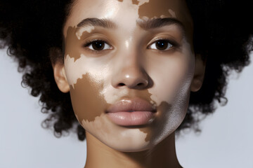 Face of afro american woman with white patches caused by medical illness Vitiligo, a  autoimmune disorder that causes patches of skin to lose pigment or color