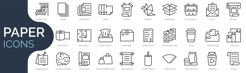 Set of outline icons related to paper. Linear icon collection. Editable stroke. Vector illustration