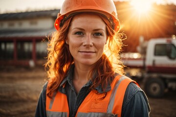 Wall Mural - A portrait of a proud, strong, and skilled redhead female smirking construction worker wearing a hard hat during autumn sunset with sun flares in the background. Generative Ai.