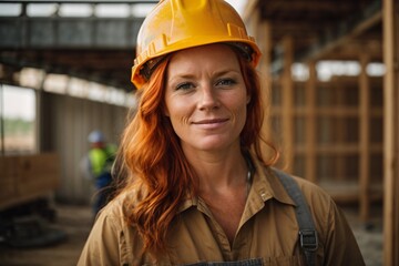 Wall Mural - A portrait of a proud, strong, and skilled redhead female smirking construction worker wearing a hard hat during autumn sunset with sun flares in the background. Generative Ai.