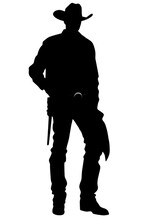 A Silhouette Of A Man In A Cowboy Outfit. Clipart On White Background.