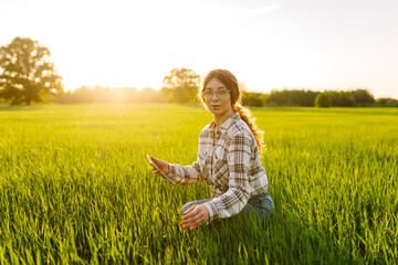 Young woman agronomist works on a modern digital tablet on a green wheat field. A senior woman farmer checks the quality of young wheat sprouts using a tablet.