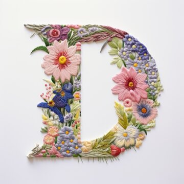 The letter d is decorated with flowers and leaves. Embroidery effect, floral design.
