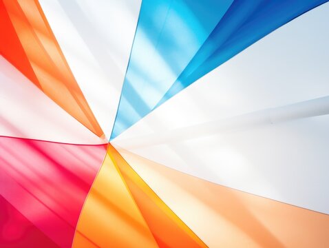 A close up of a colorful umbrella on a sunny day.