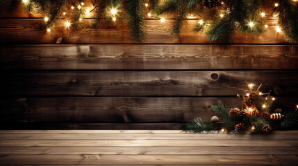 Poster - Decorations with Christmas tree branches, baubles and lights on wooden background.