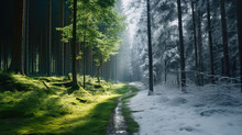 Contrasting Seasons: Path Through Time From Summer To Winter And Change Of Climate Concept