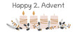 Happy 2. Advent - Schriftzug in englischer Sprache - Schönen 2. Advent. Grußbanner mit Kerzen und winterlichen Zweigen.