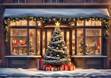 Christmas Tree On Background Of Store Window With Blue And Gold Christmas Toys And Gift Boxes. Home Decoration. Generative  AI.